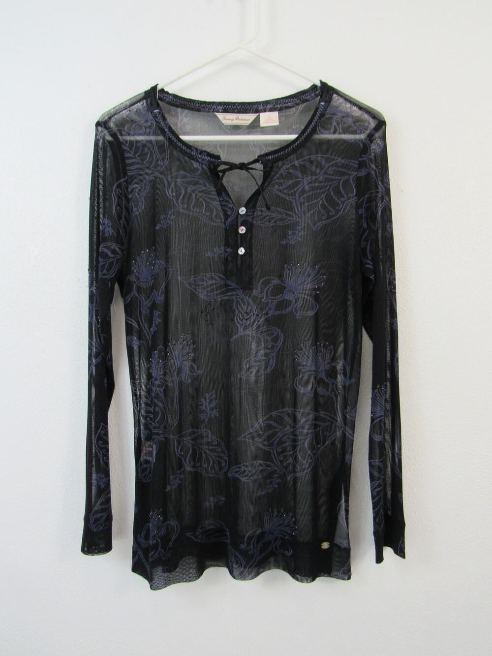 Tommy Bahama Medium Silk Sheer Black Blue Floral Printed Top Rhinestones Y2K